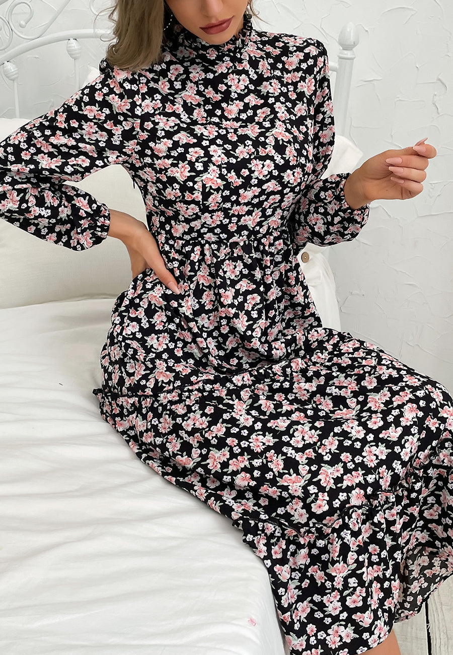 Ruffle High Neck Vintage Dress