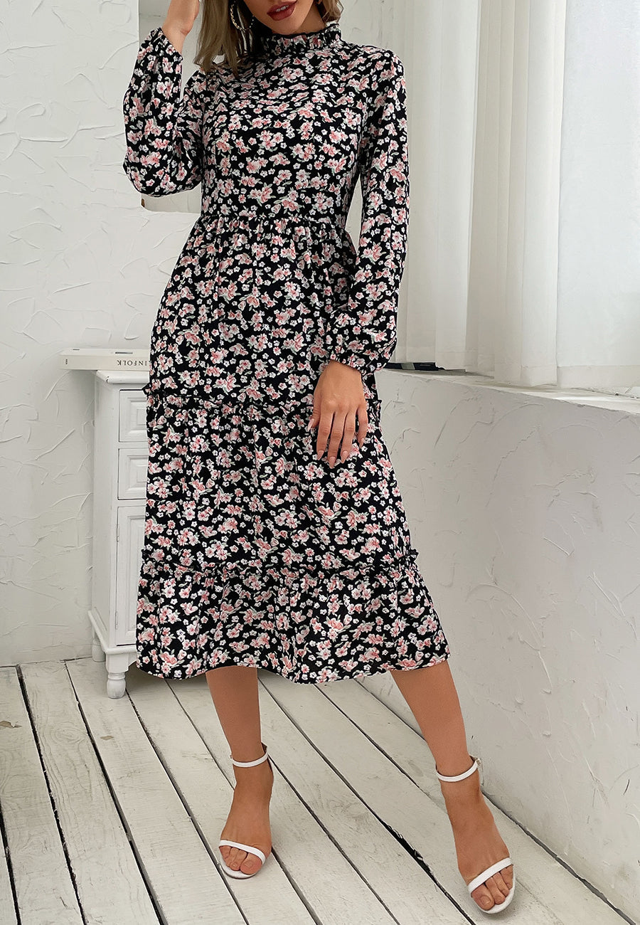 Ruffle High Neck Vintage Dress