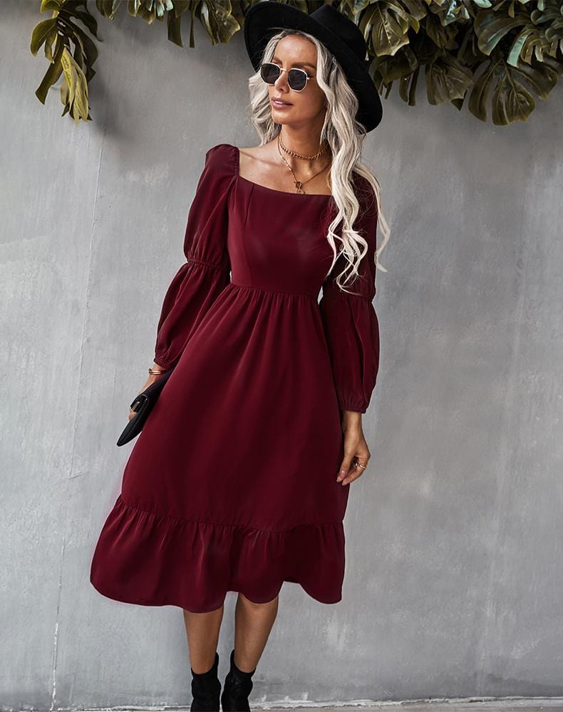 Vestido de cuello recto y mangas abullonadas dobles 