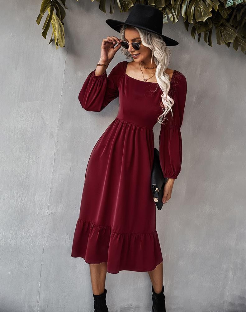 Vestido de cuello recto y mangas abullonadas dobles 