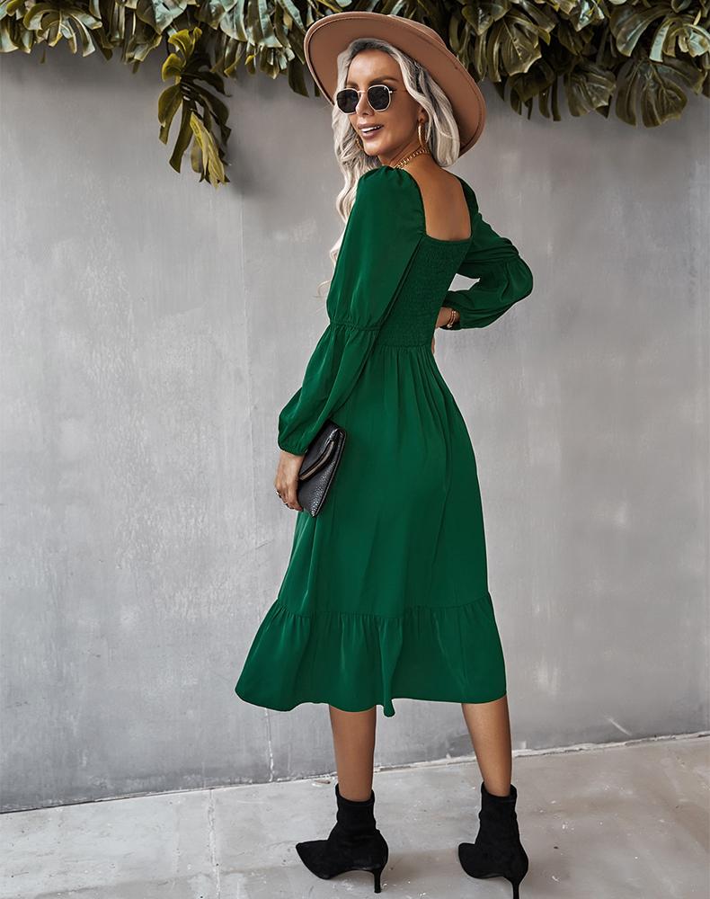 Vestido de cuello recto y mangas abullonadas dobles 