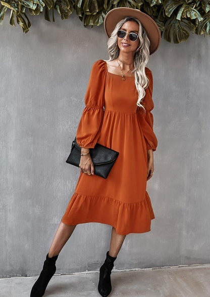 Straight Neck Double Puff Sleeve Dress