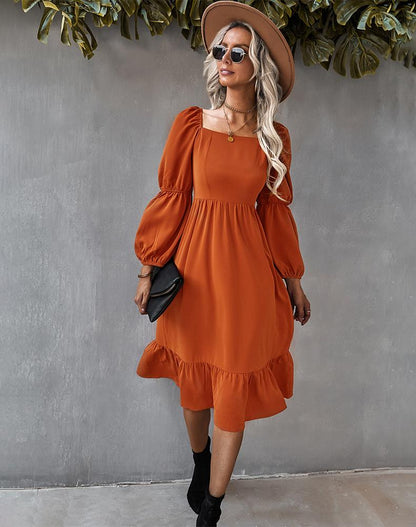 Straight Neck Double Puff Sleeve Dress