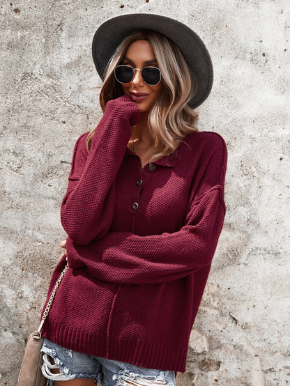 Contrast Half Button Textured Knit Sweater