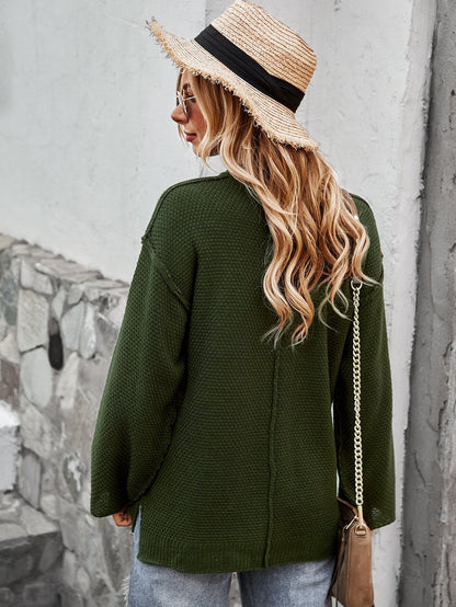 Contrast Half Button Textured Knit Sweater