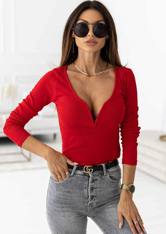 Solid Plunge Neck Blouse