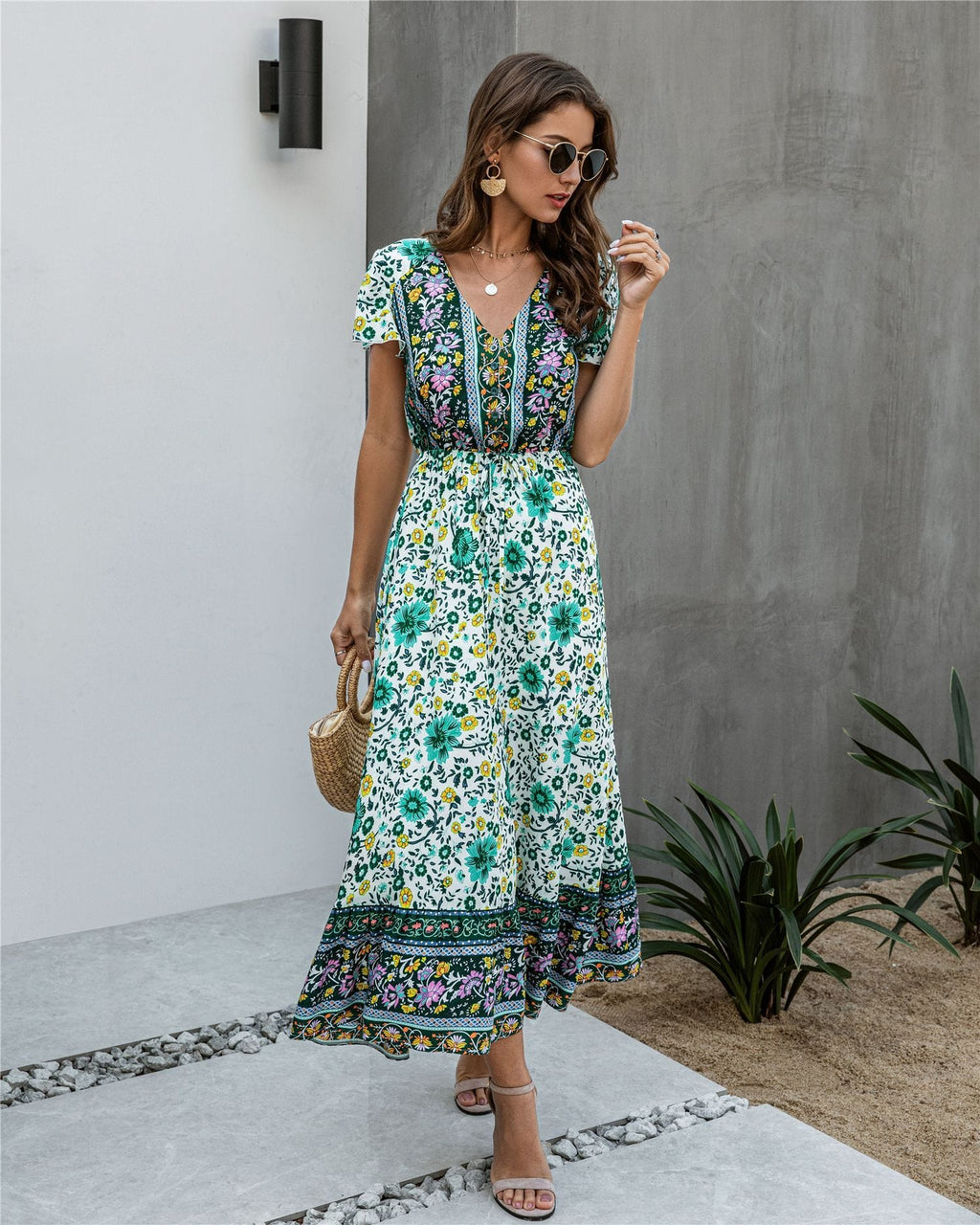 Button Detail Bohemian Floral Dress