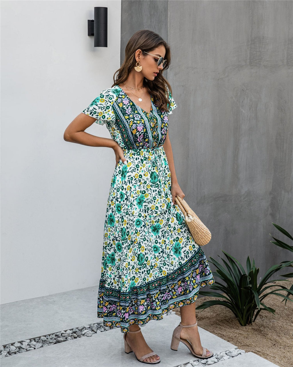 Button Detail Bohemian Floral Dress