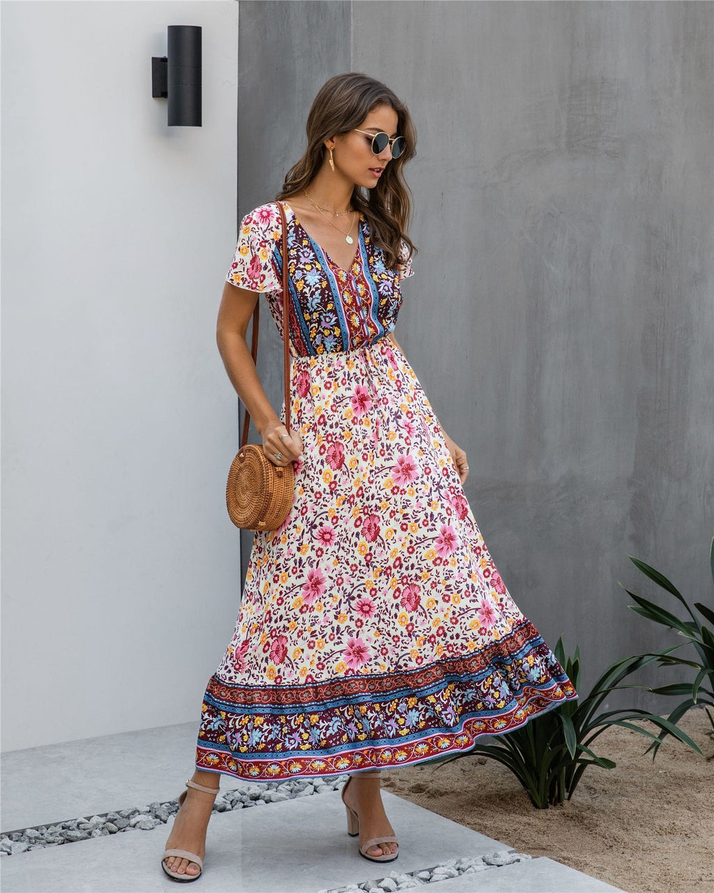 Button Detail Bohemian Floral Dress