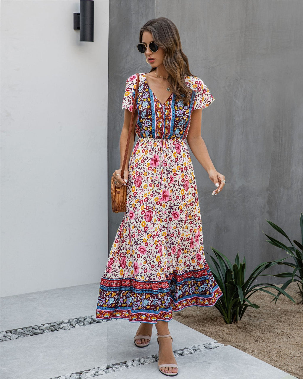 Button Detail Bohemian Floral Dress