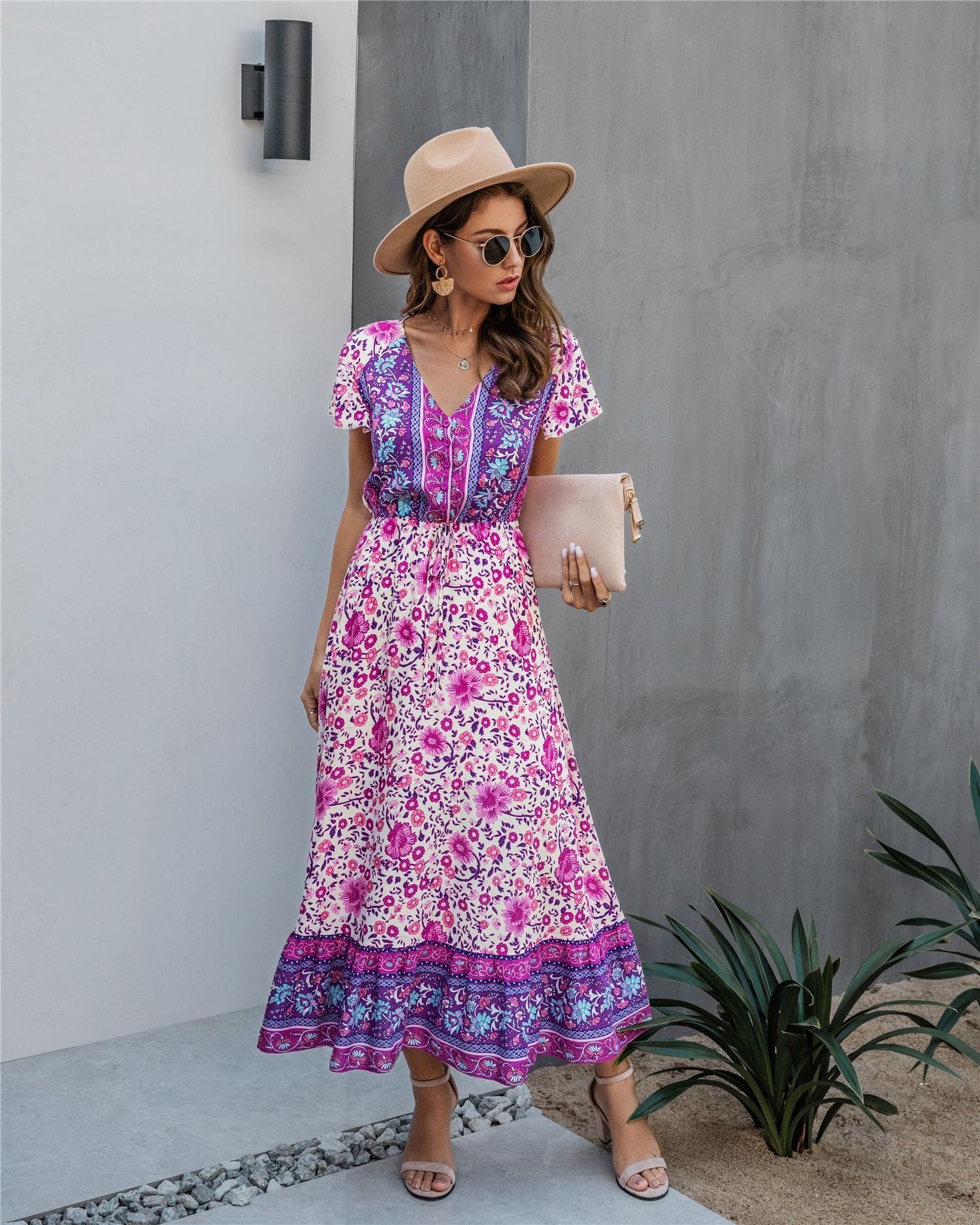 Button Detail Bohemian Floral Dress