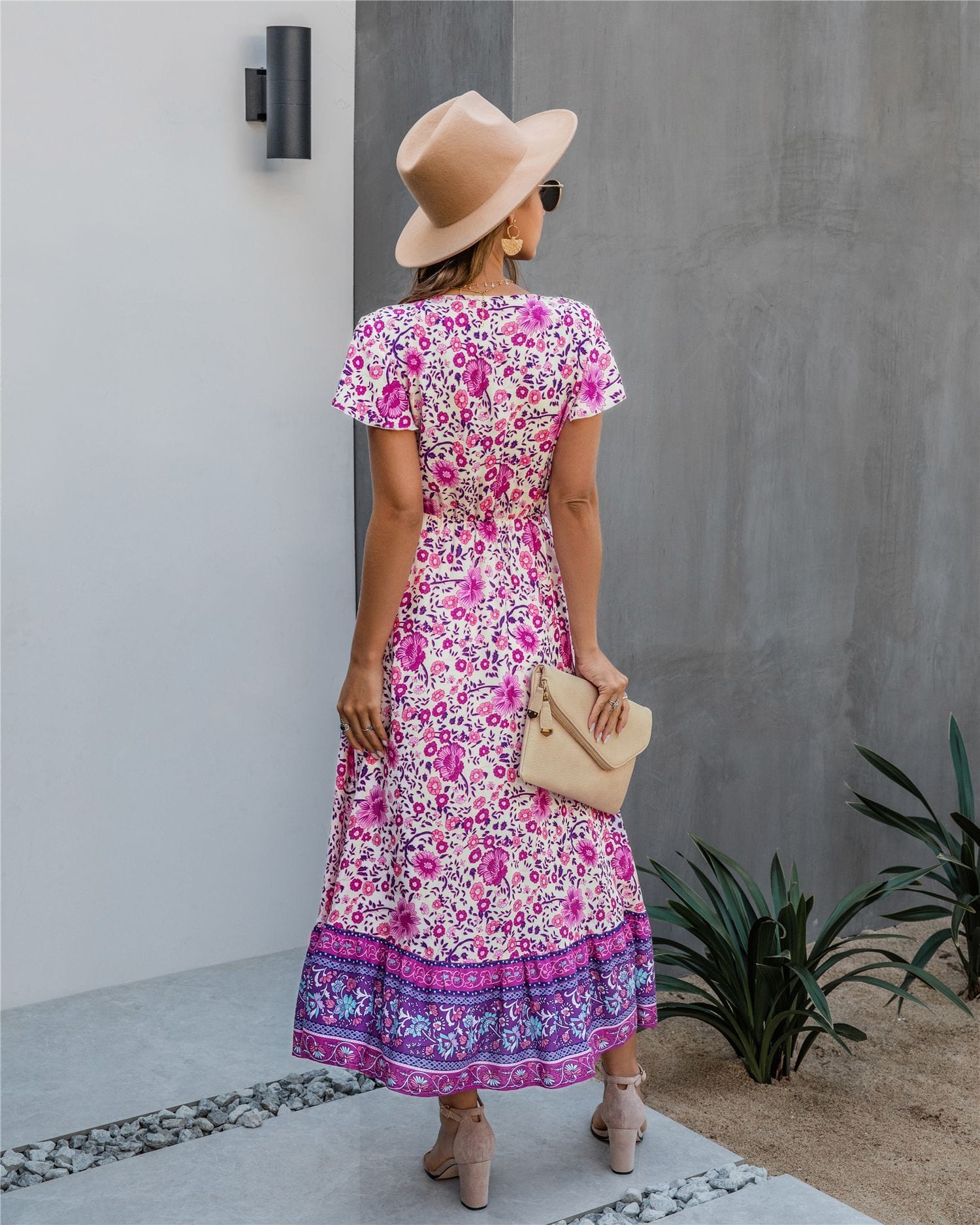 Button Detail Bohemian Floral Dress