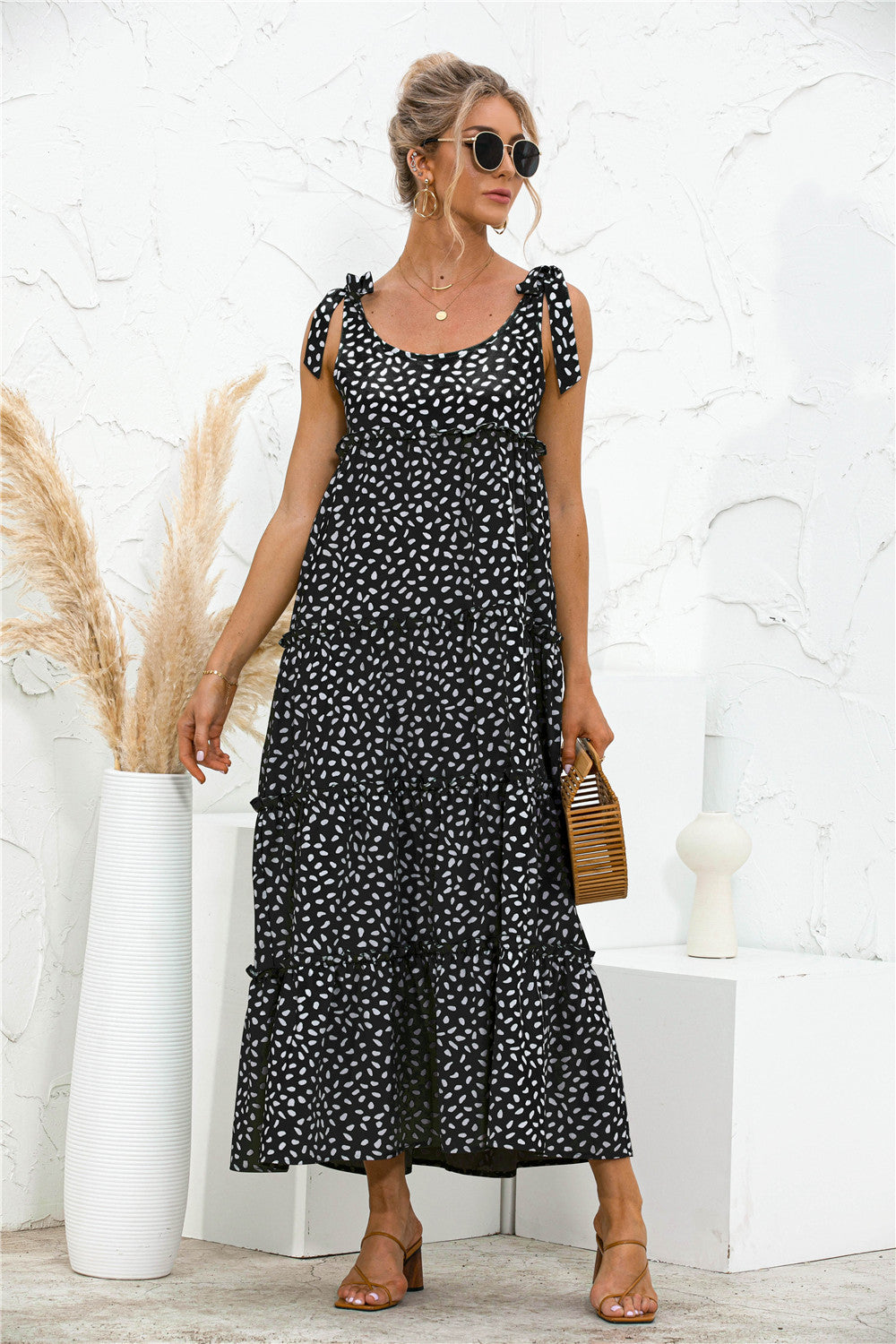 Tie Shoulder Printed Dress