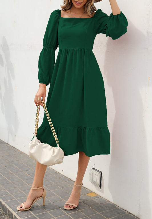 Vestido liso con mangas abullonadas dobles 