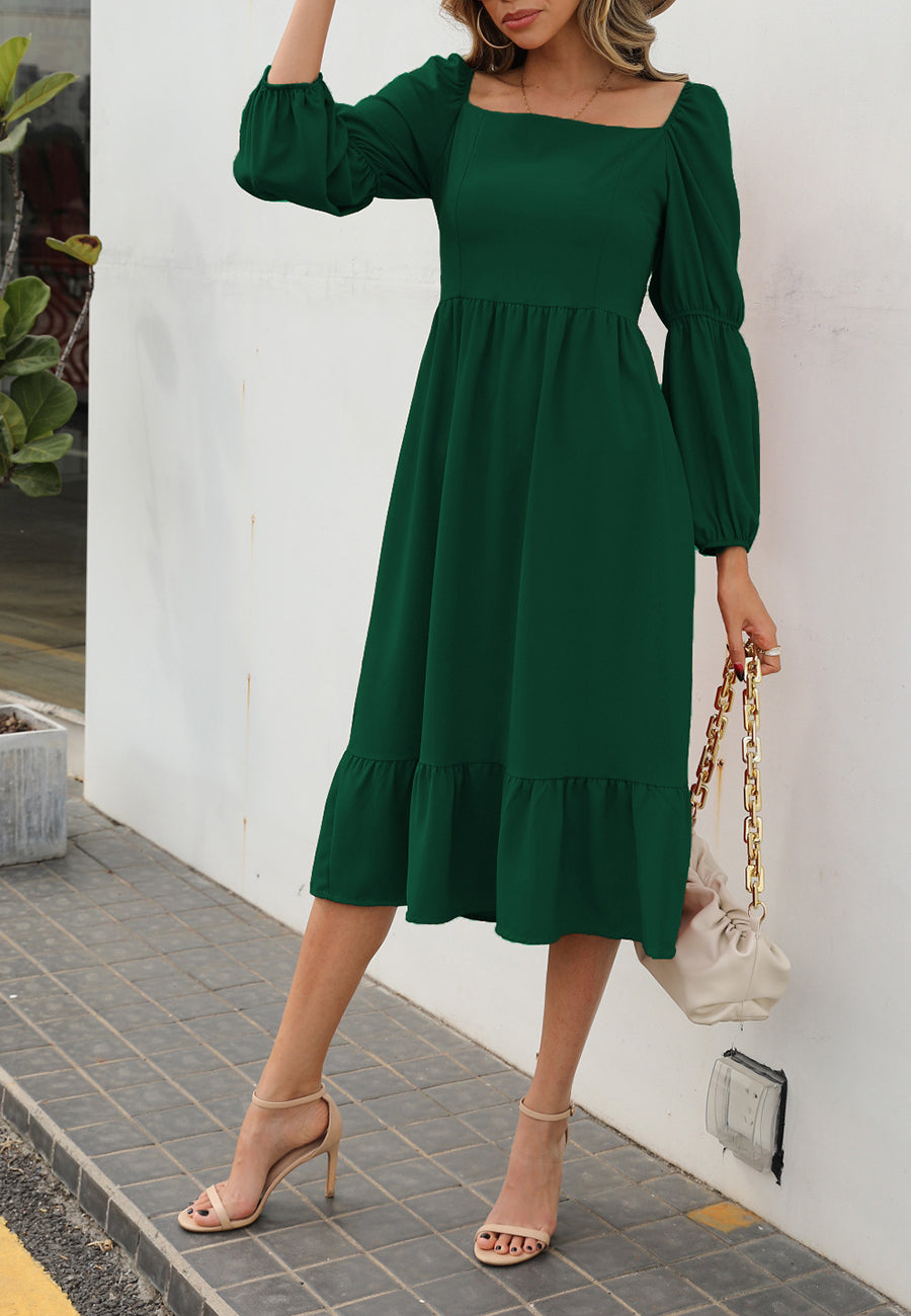 Vestido liso con mangas abullonadas dobles 
