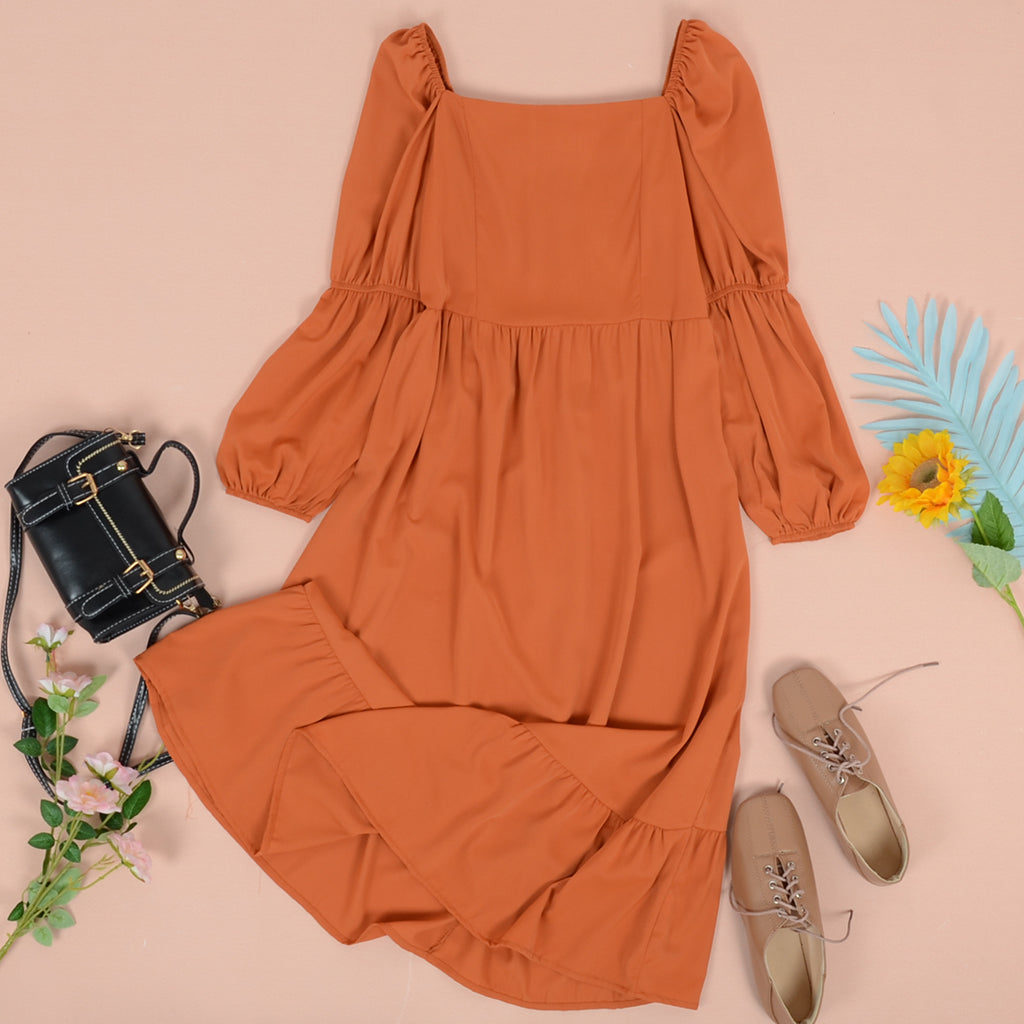Vestido liso con mangas abullonadas dobles 
