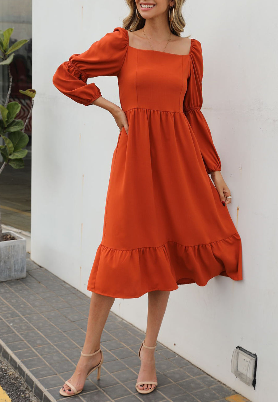 Vestido liso con mangas abullonadas dobles 