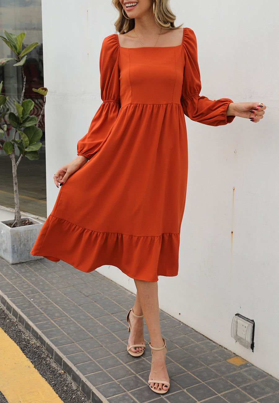 Vestido liso con mangas abullonadas dobles 