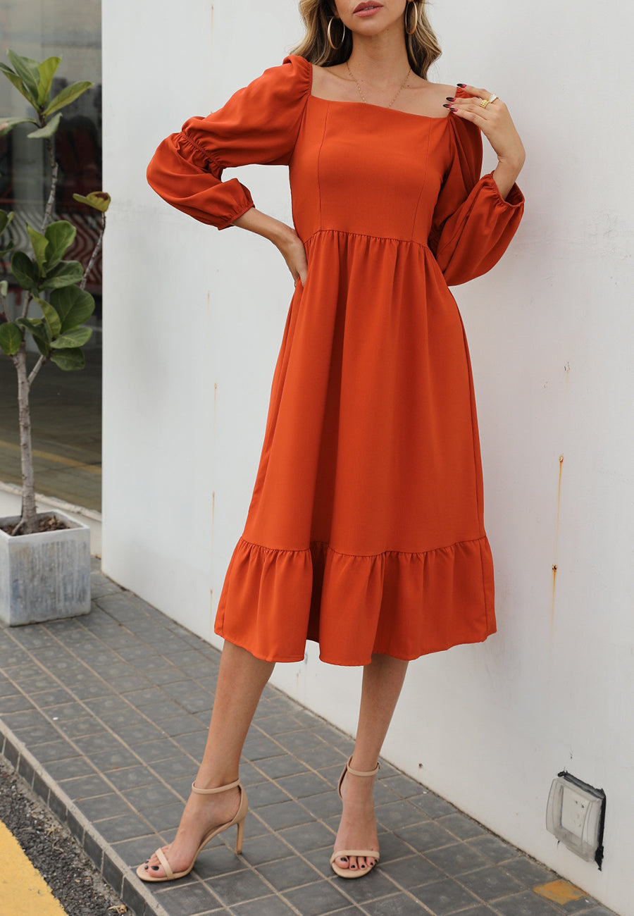 Vestido liso con mangas abullonadas dobles 