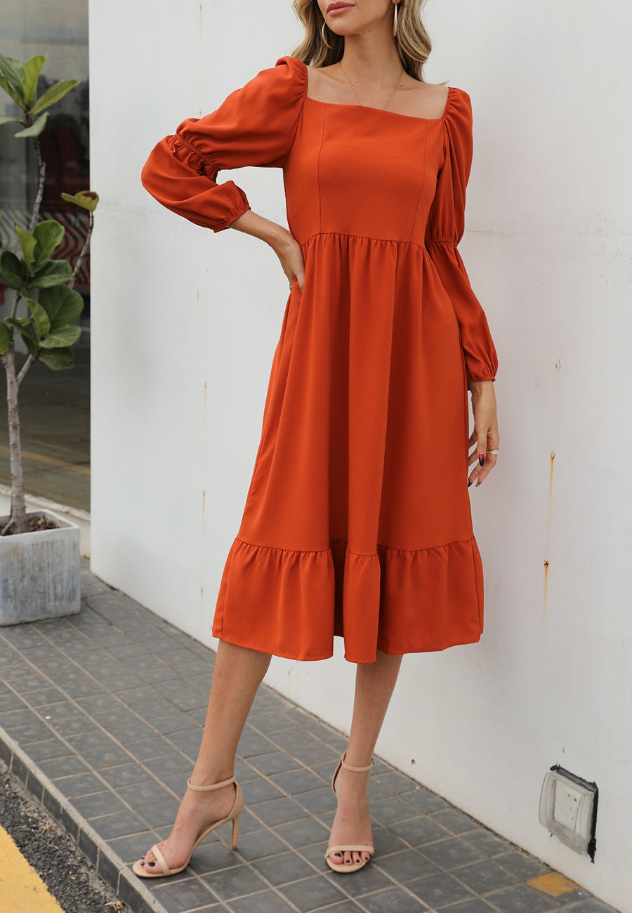 Vestido liso con mangas abullonadas dobles 