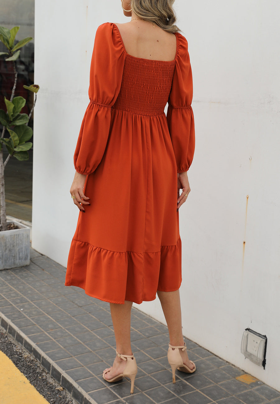 Vestido liso con mangas abullonadas dobles 