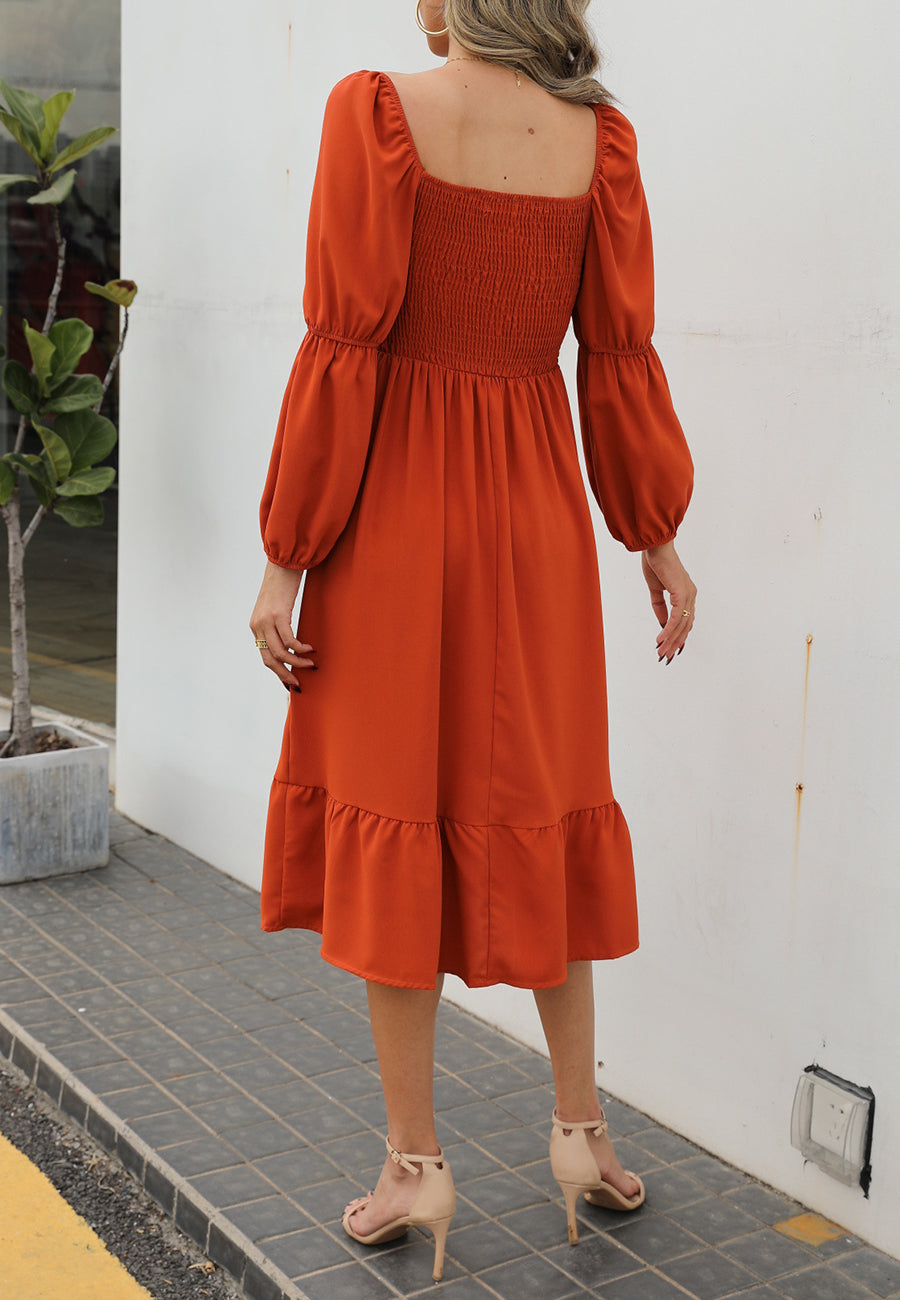Vestido liso con mangas abullonadas dobles 