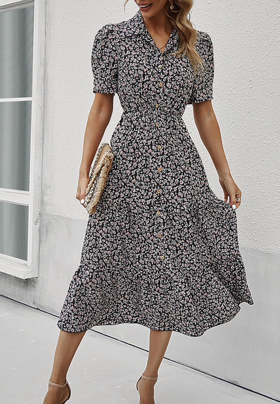 Vestido vintage con mangas abullonadas y estampado floral