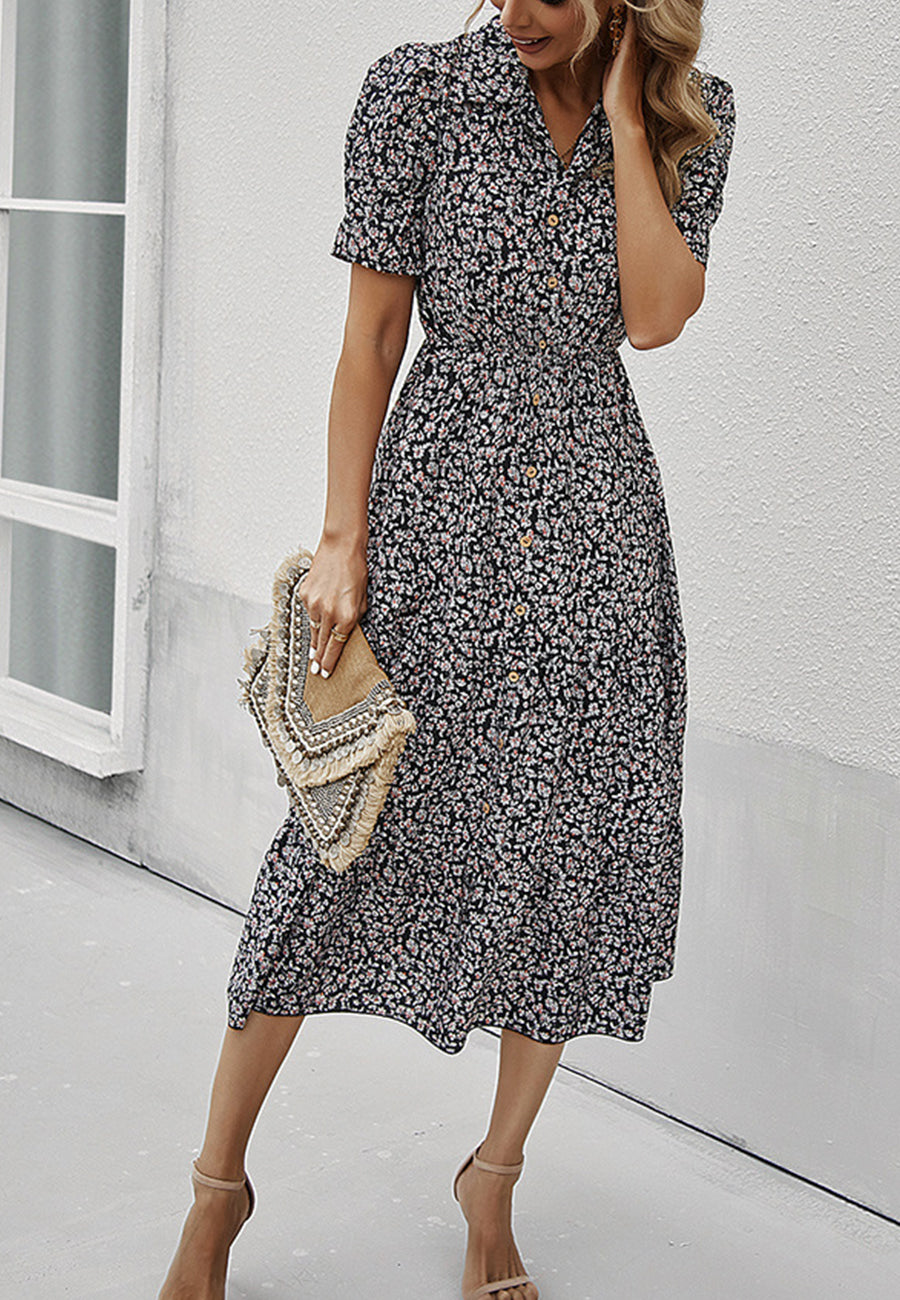 Vestido vintage con mangas abullonadas y estampado floral