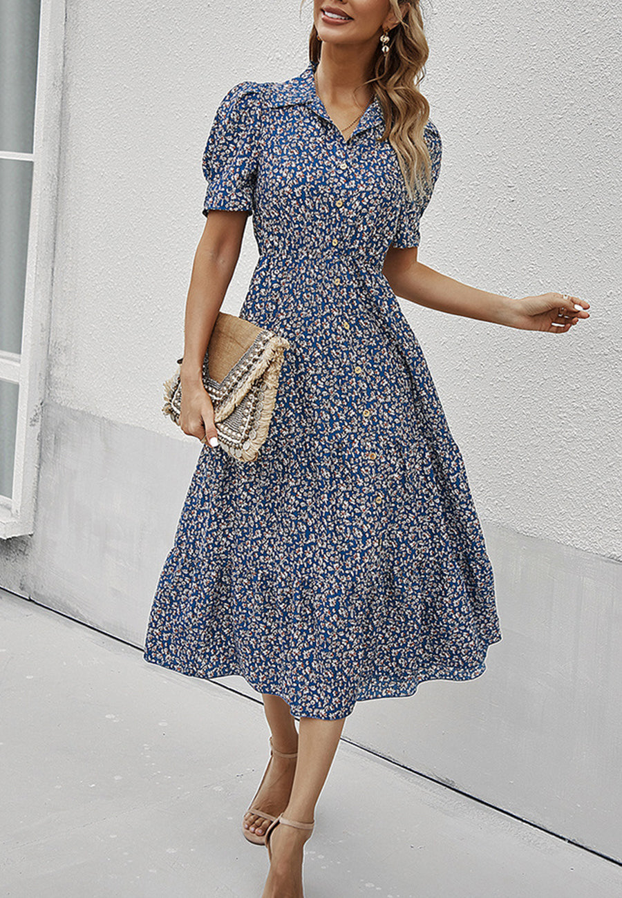 Vestido vintage con mangas abullonadas y estampado floral