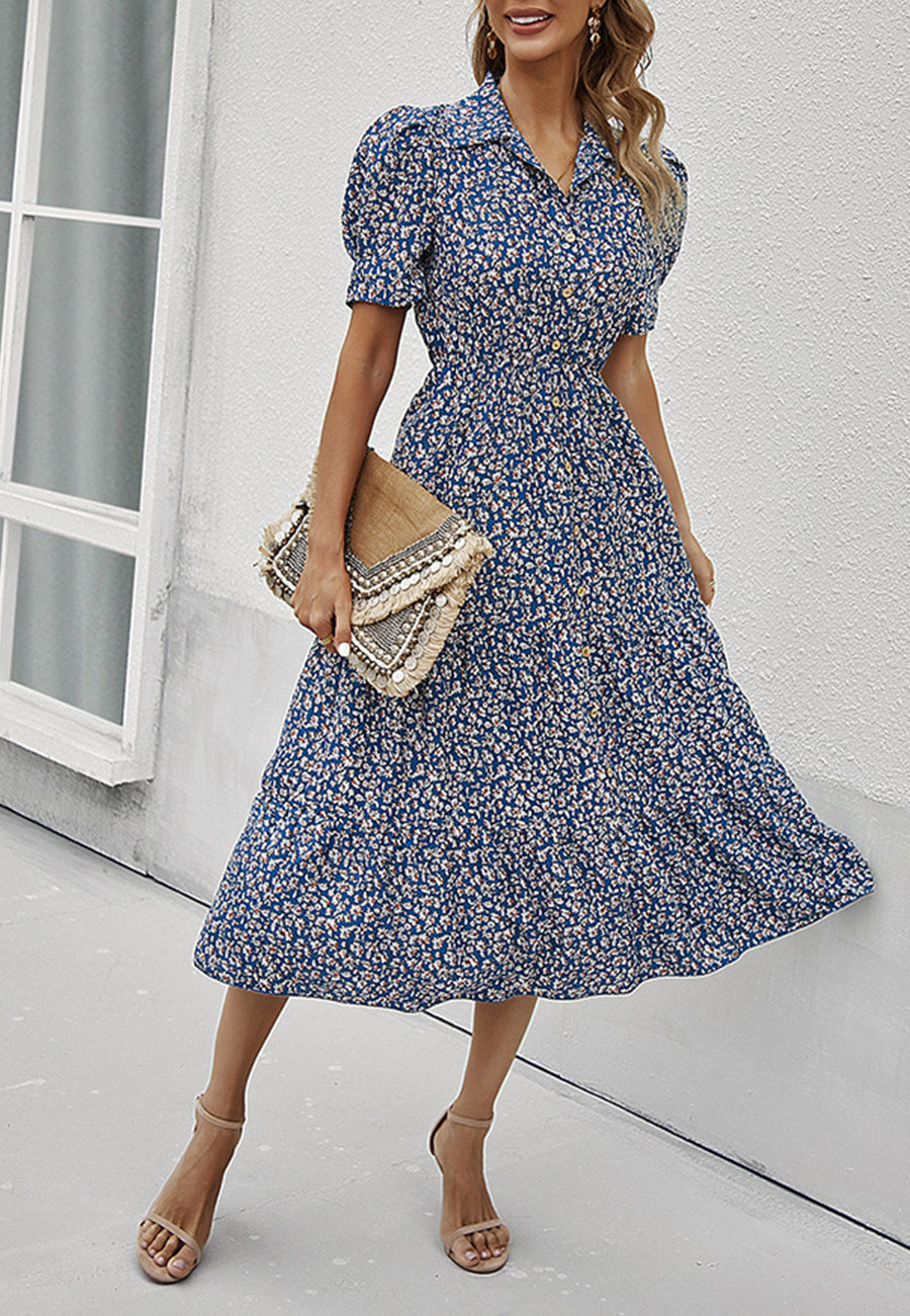 Vestido vintage con mangas abullonadas y estampado floral