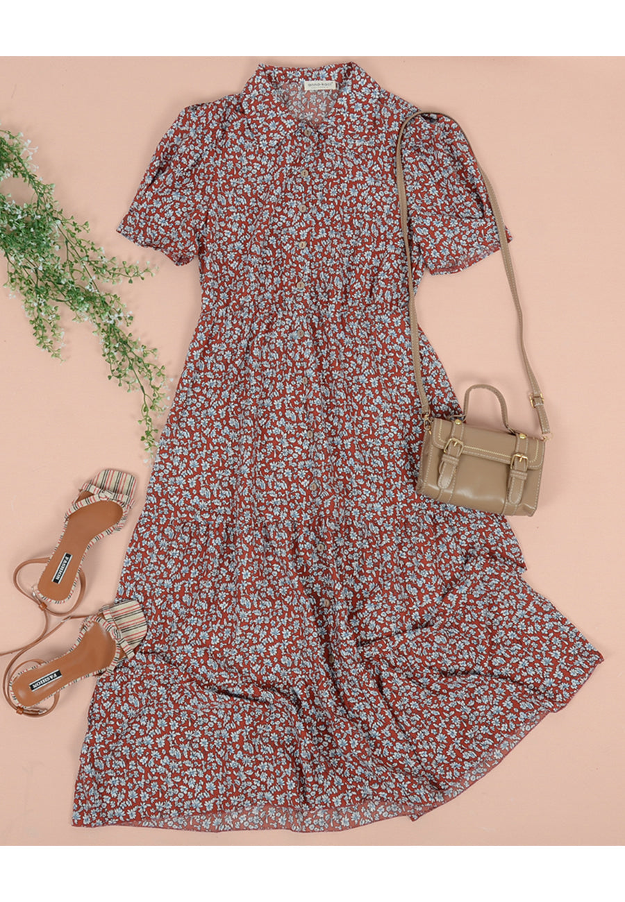 Vestido vintage con mangas abullonadas y estampado floral