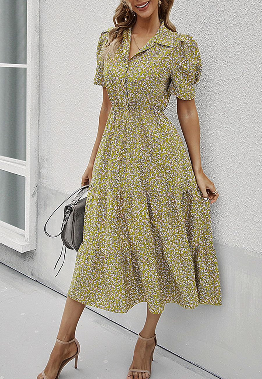 Vestido vintage con mangas abullonadas y estampado floral