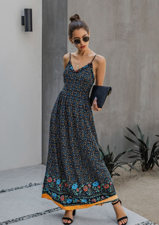Vestido largo con escote en V y estampado floral