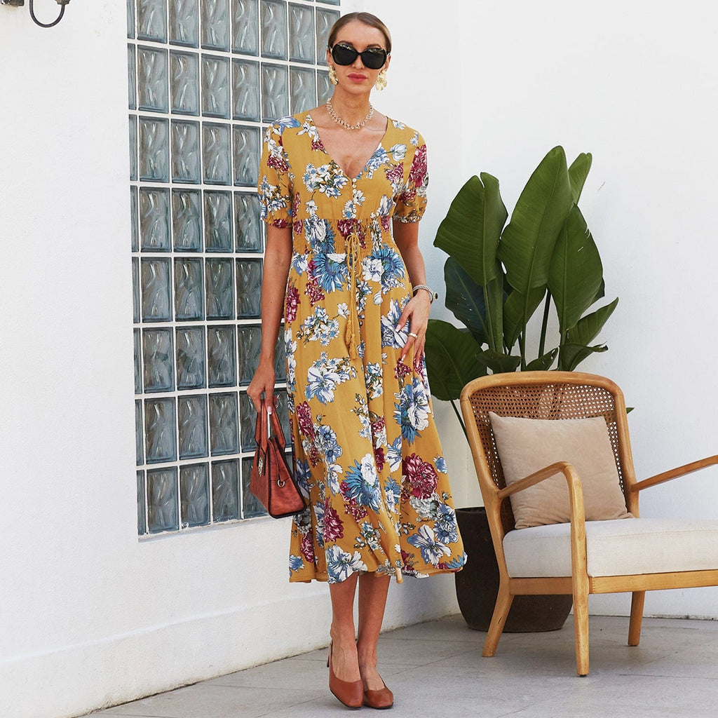 Minimalist Button Floral Print Dress