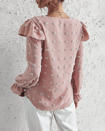 Swiss Dot Ruffle Shoulder Blouse