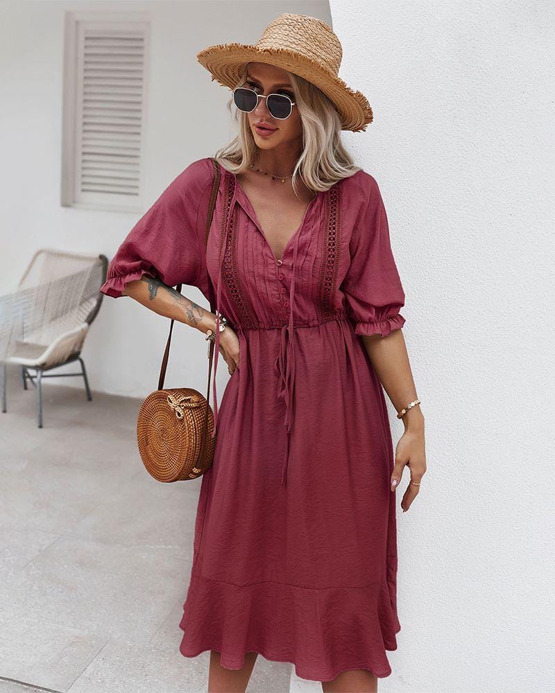 Vestido con mangas abullonadas y detalle de crochet