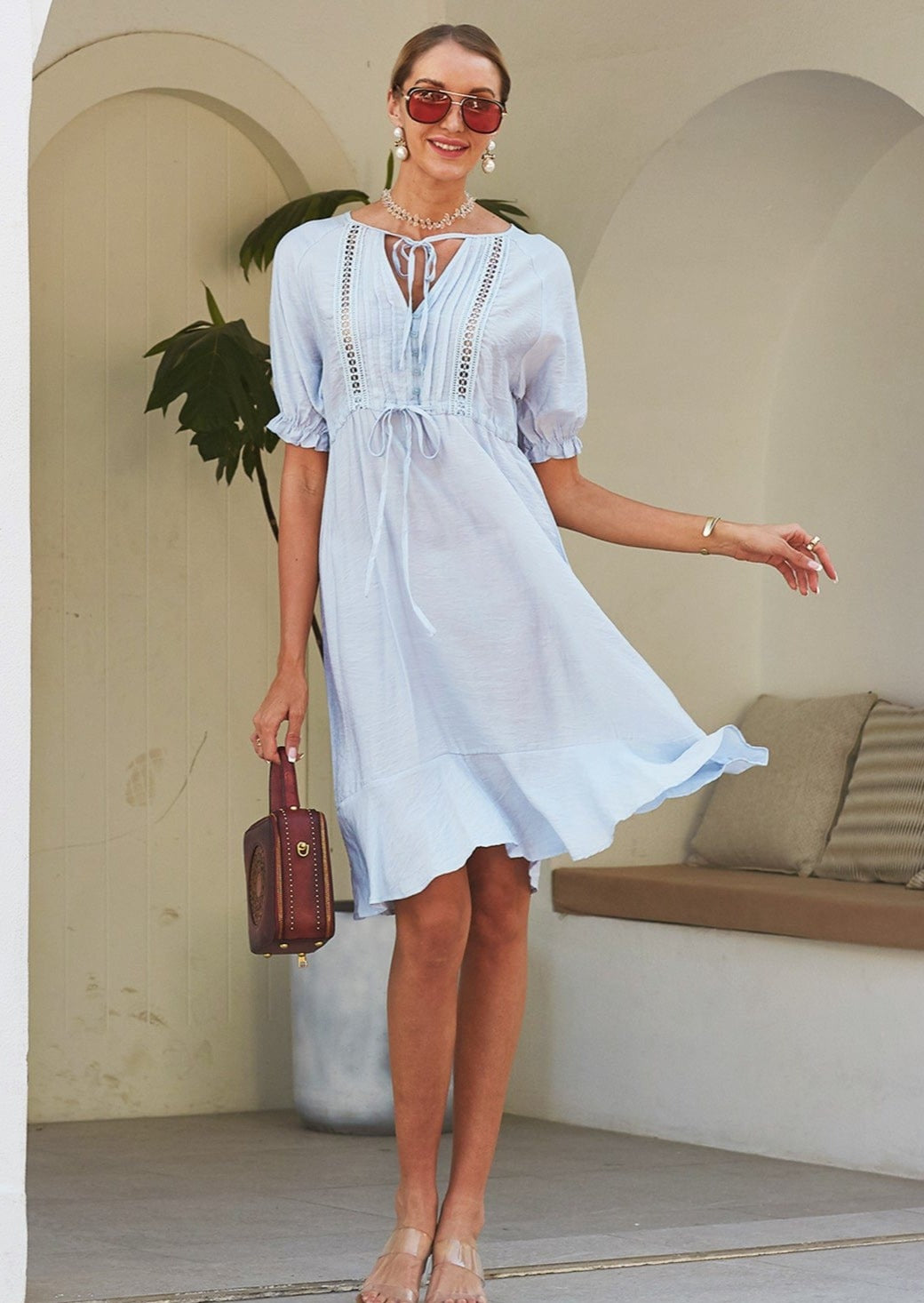 Crochet Detail Puff Sleeve Dress