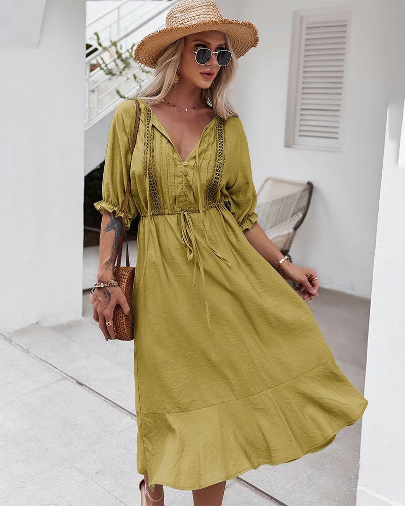 Vestido con mangas abullonadas y detalle de crochet