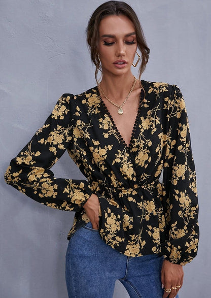 Surplice Neck Floral Peplum Blouse