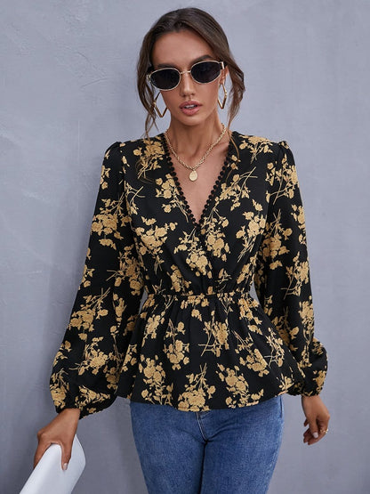 Surplice Neck Floral Peplum Blouse