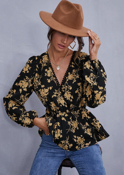 Surplice Neck Floral Peplum Blouse