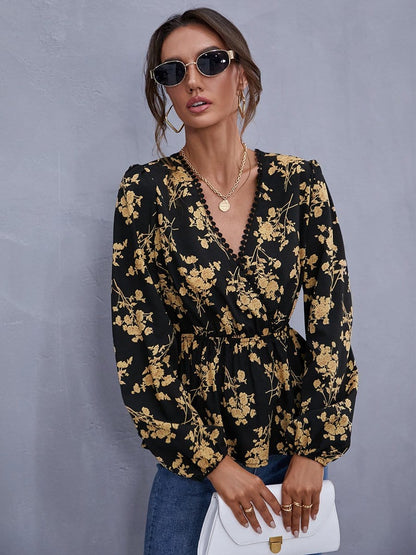 Surplice Neck Floral Peplum Blouse