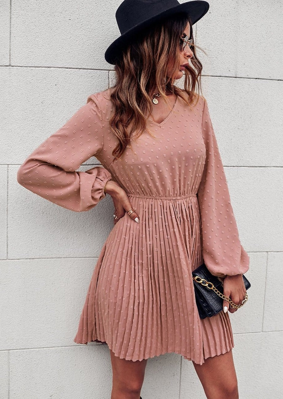swiss dot long sleeve dress V Neck Swiss Dot Long Sleeve Pleated Dress Above Knee Length – Anna-Kaci