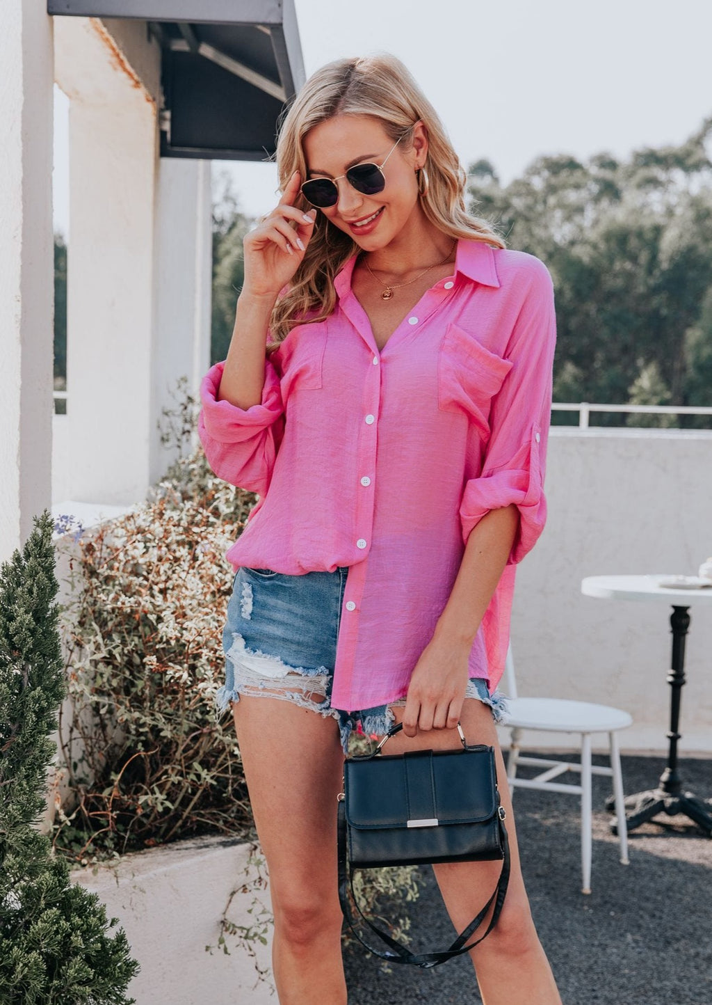 Camisa con botones de luz de color sólido 