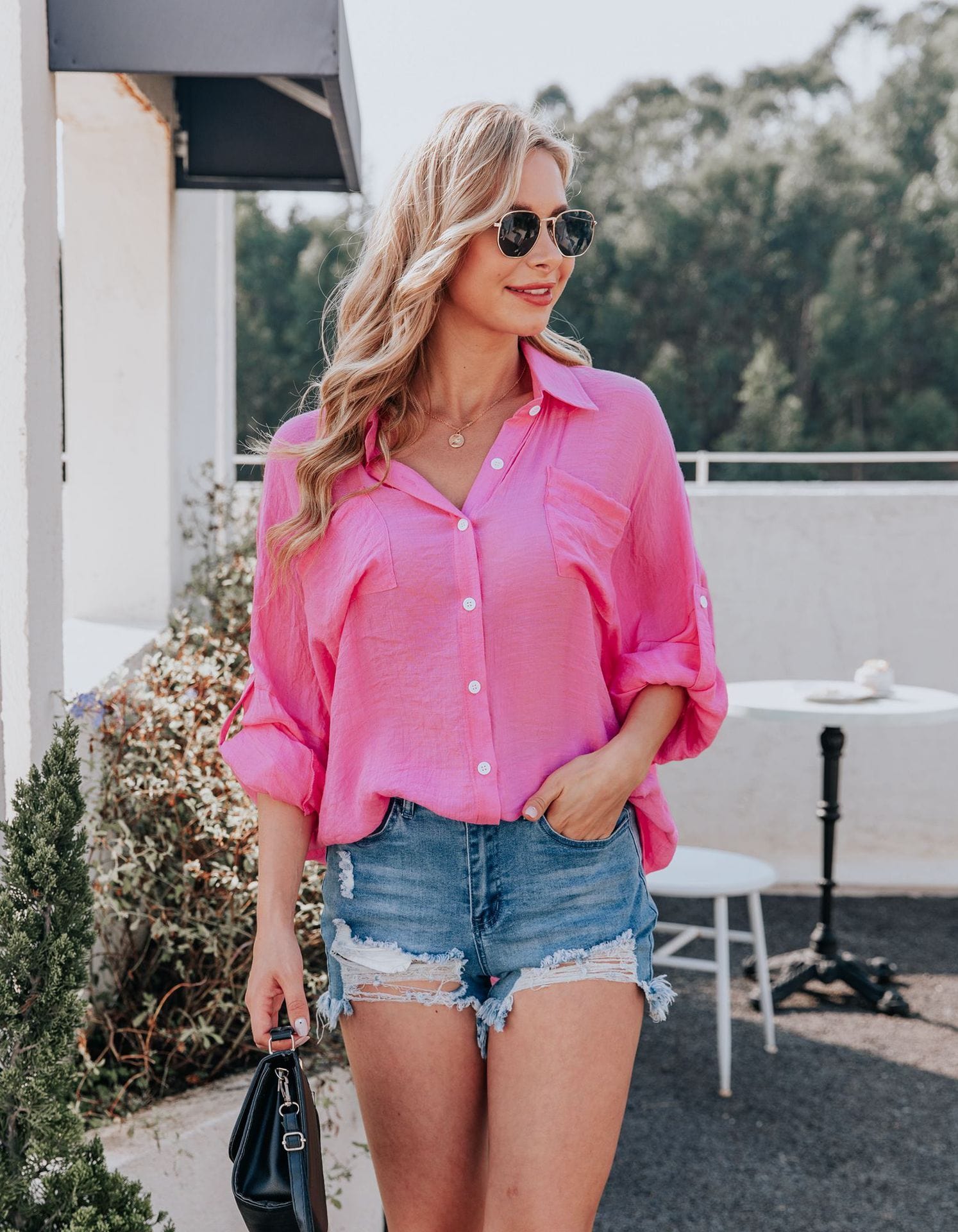 Camisa con botones de luz de color sólido 