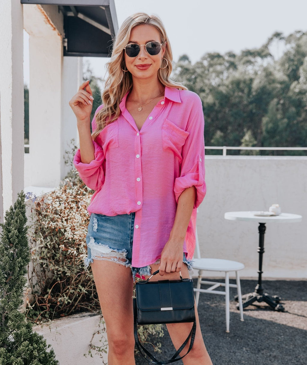 Camisa con botones de luz de color sólido 