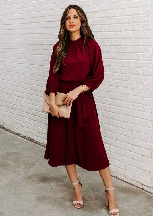 Gathered Neck Tie Waist Dress