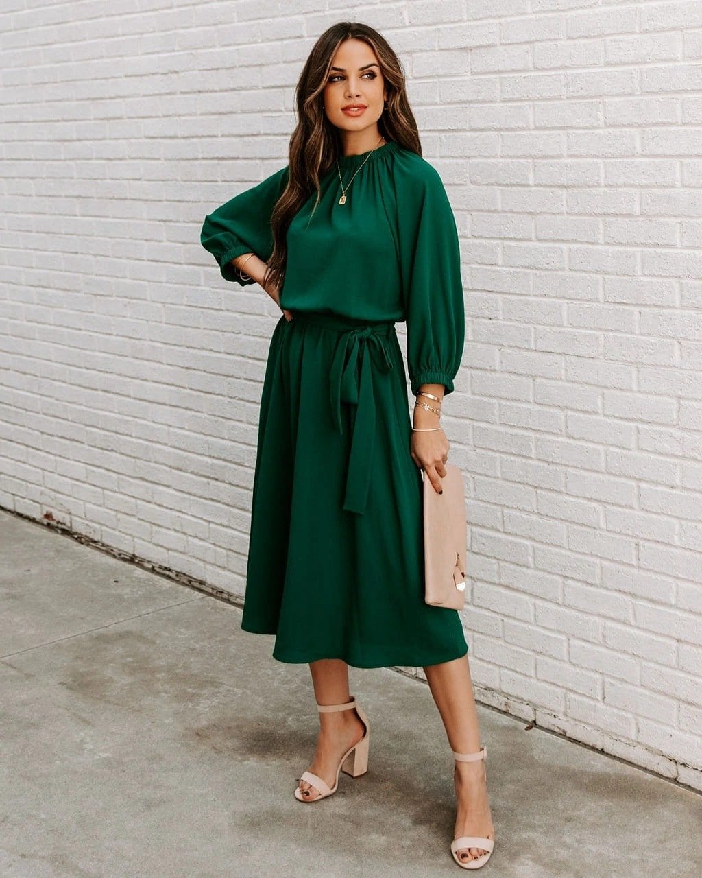 Gathered Neck Tie Waist Dress