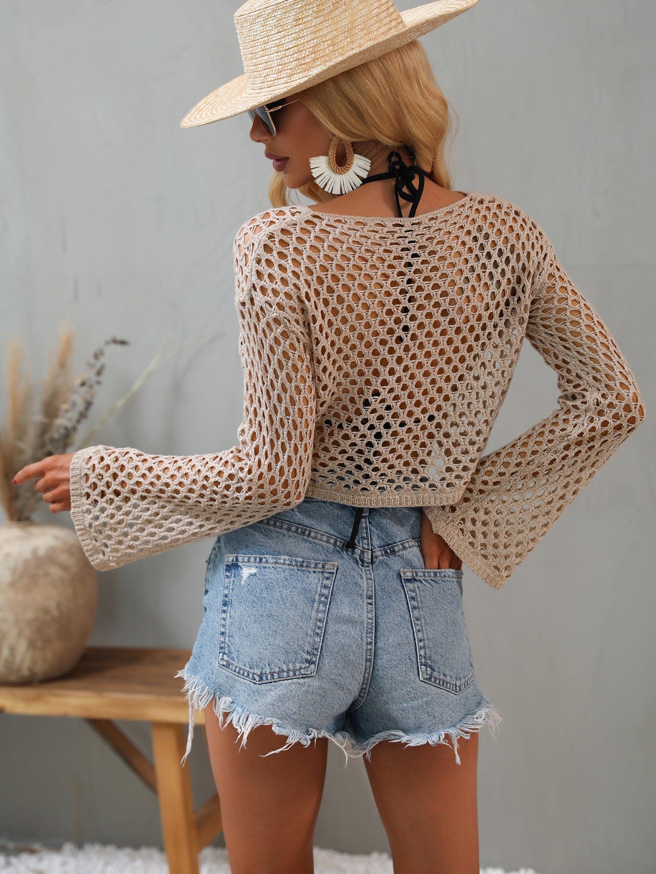 Round Neck Flare Long Sleeve Crochet Net Summer Crop Top for Women –  Anna-Kaci