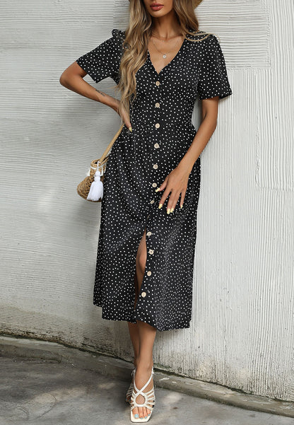 Polka Dot Button Casual Dress